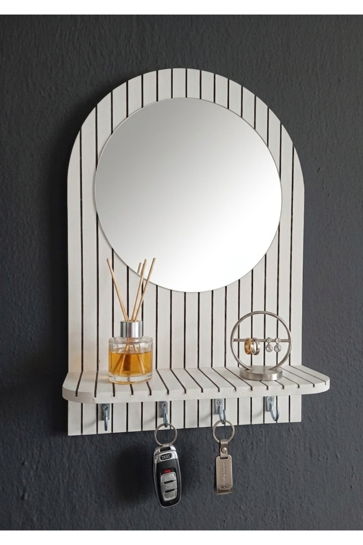 Miroir de couloir, miroir de maquillage, organiseur mural avec porte-clés et étagère